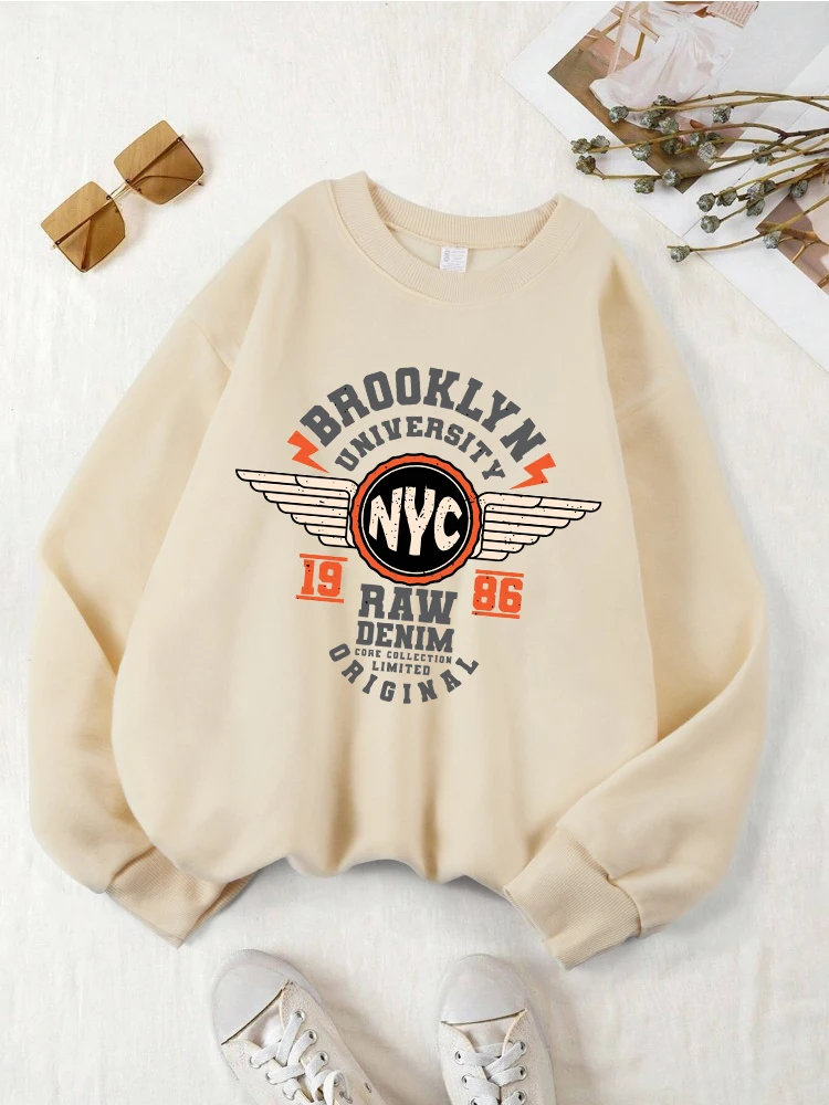 Brooklyn University Nyc Sweatshirts Womens Letter Prints Hoodies Fleece Warm Crewneck Loose Tops Winter Casual Female Clothes