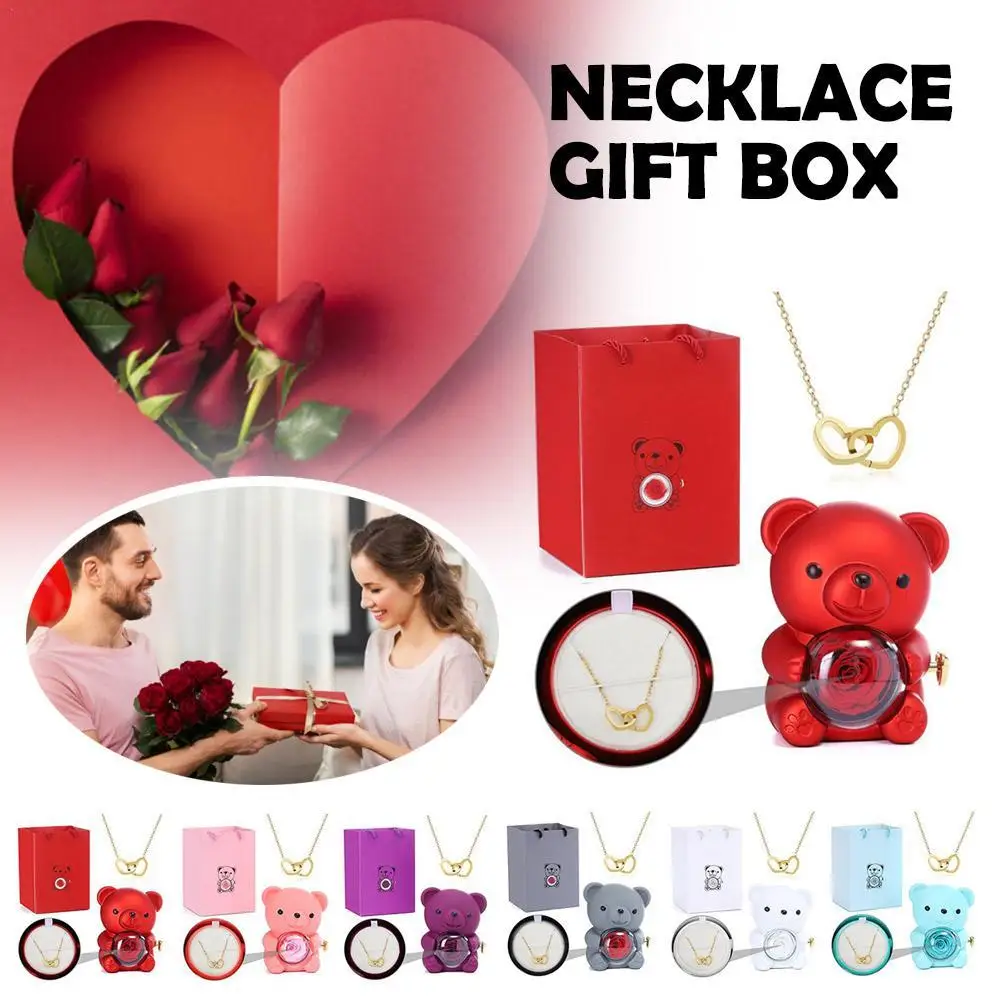 Rotating Bear Rose Necklace Gift Box Creative Double Heart Hug Bear Eternal Flower Jewelry Gift Box Surprise For Girlfriend