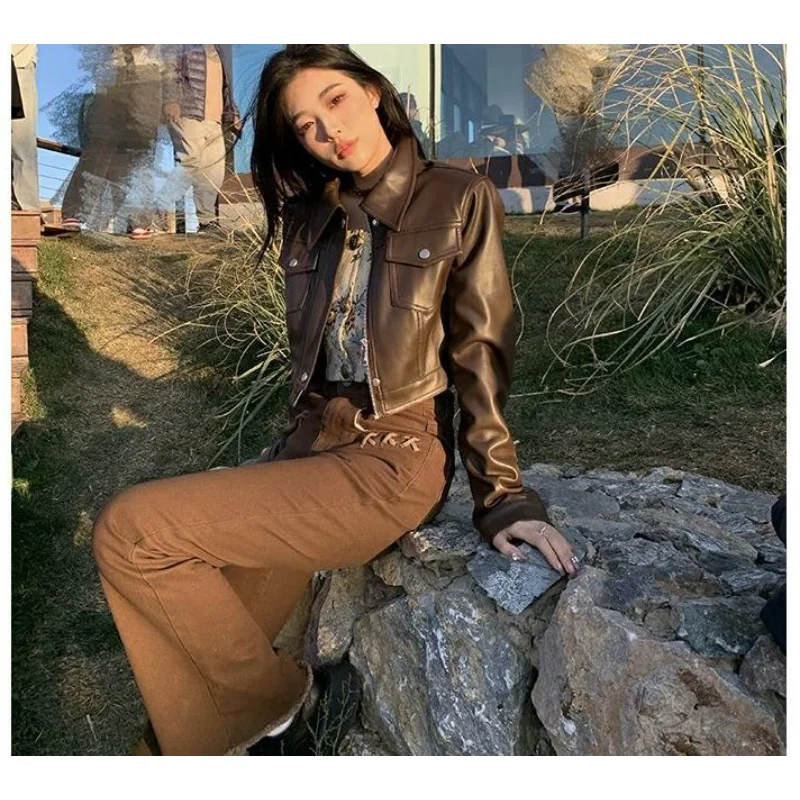 ربيع جديد الكورية نمط فضفاض البني الرجعية الشارع الجلود المرأة عمال دراجة نارية سترة بولي يوريثان #5