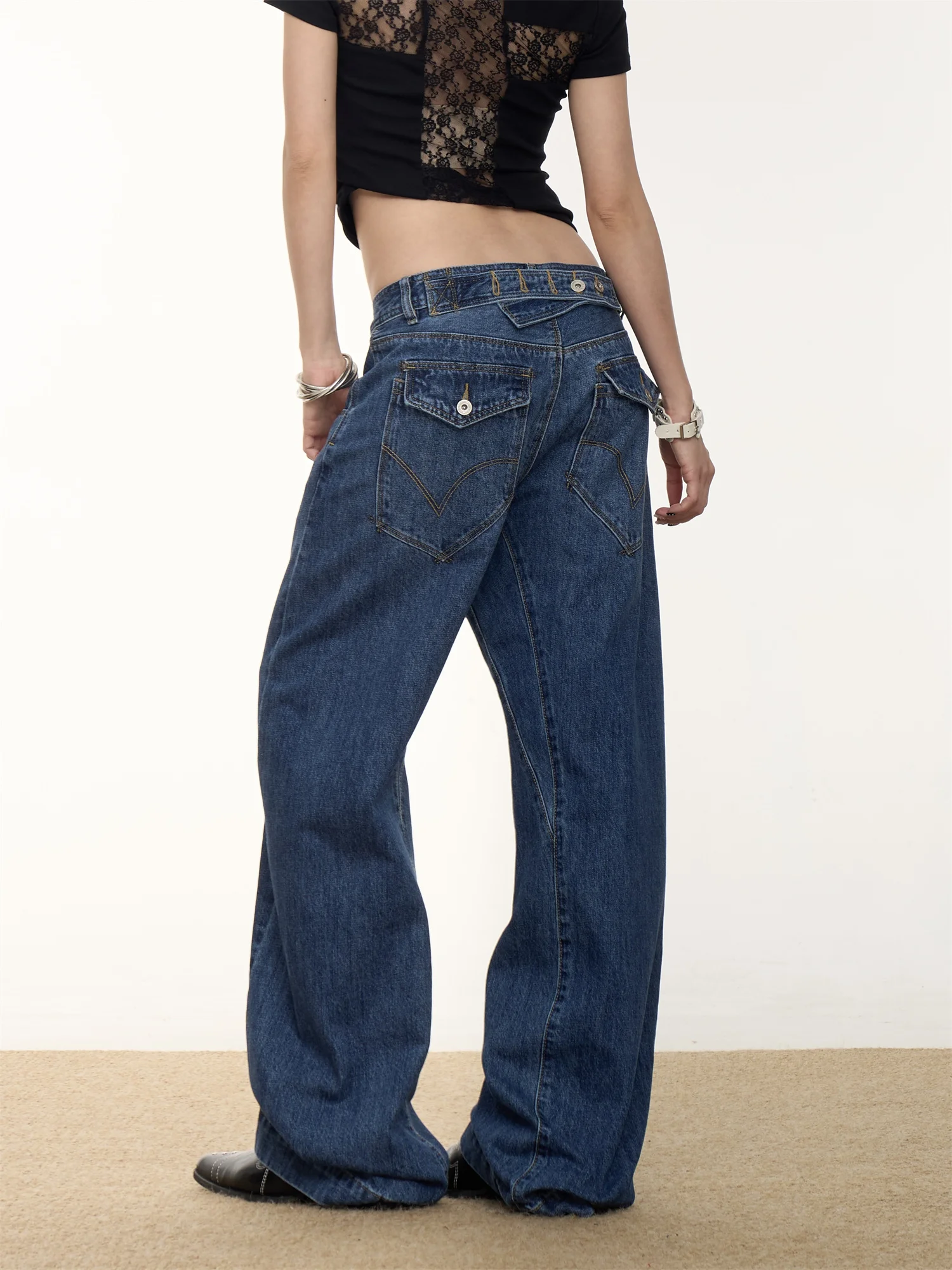 

MARMROO American Retro Paris Button Washed Wide Leg Jeans Women Summer Loose Versatile Draped Straight Long Pants