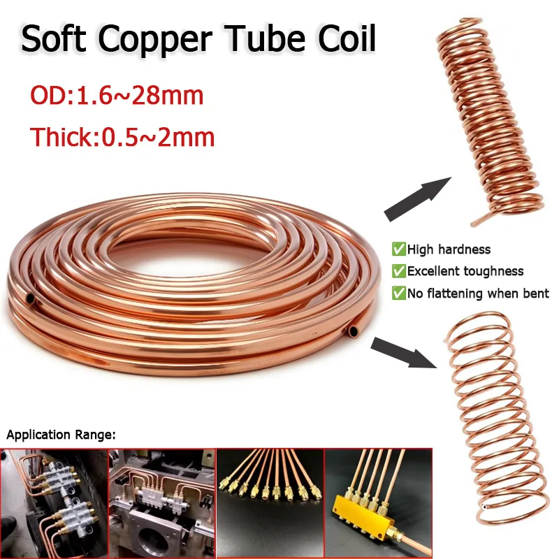 

1/3/5/10M Soft Copper Tube Coil 1.6mm-28mm OD for Airs Conditioner Refrigeration DIY 99.9%Pure Copper Pipe Wire Craft Making
