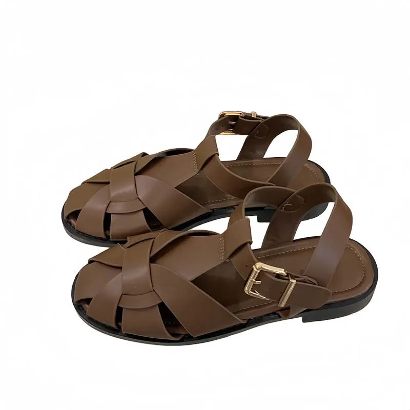 

Brown Flat Sandals Summer Shoes Woman 2026 Black Belt Weaving Close Toe Slingback Flats Leisure Ladies Sandals Femme 2026