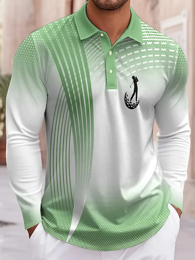 Fashion geometric pattern men's long sleeved polo shirt spring autumn lightweight breathable golf  sports casual men's clothing