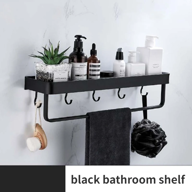 

Bathroom Accessories Black Bathroom Shelves Wall Shelf Shower Holder Storage Rack Towel Bar Hooks Bathroom Organizer and Storage