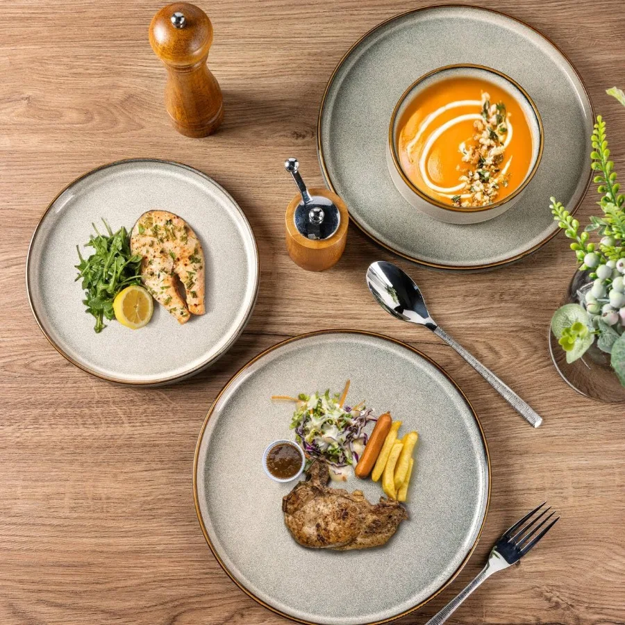 أطقم أواني طعام من السيراميك مكونة من 6 18 قطعة من أطباق وأطباق من الخزف الحجري مع تصميم قابل للتكديس للطعام اليومي #4