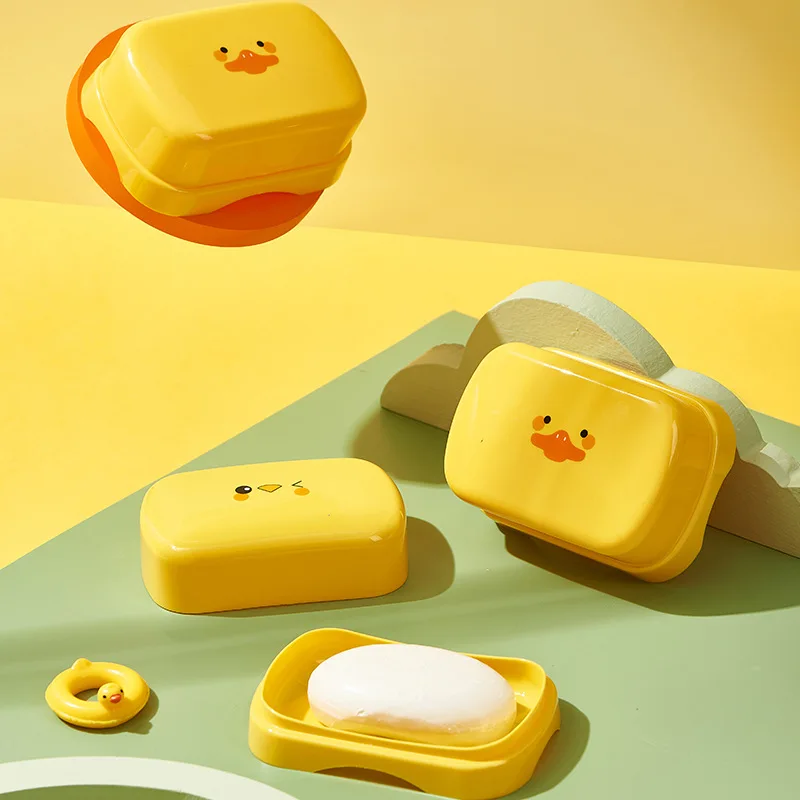

Plastic Cute Yellow Duck Soap Boxes with Lid Cartoon Drain Portable Soap Dish Bathroom Accessories Household Home Storage Tray