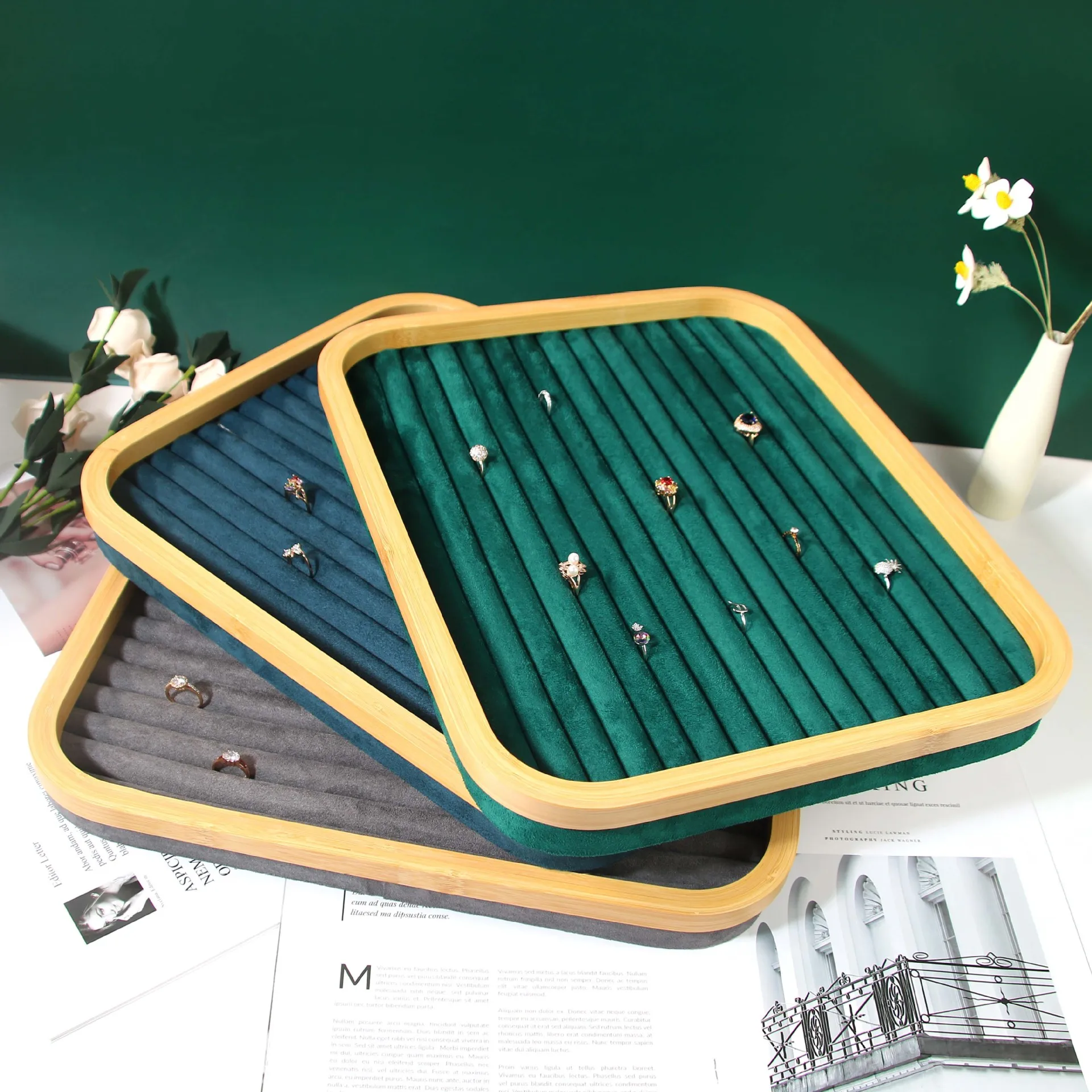 Wooden Velvet Rings Holder Rings Box/Tray Bracelet Pendant Jewelry Organizer Earring Storage Jewellery Display Tray Wholesale