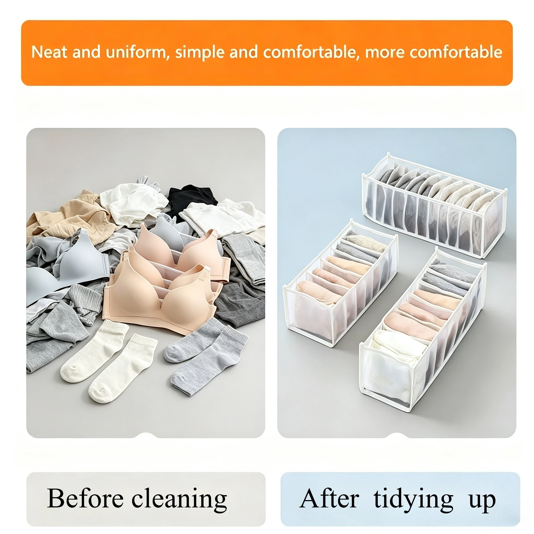 1-3PC 6/7/11 Bra Organizer Baskets for Home Assembly-required Clothing Closet Storage Clothes Chest of Drawers Divider Box Grids