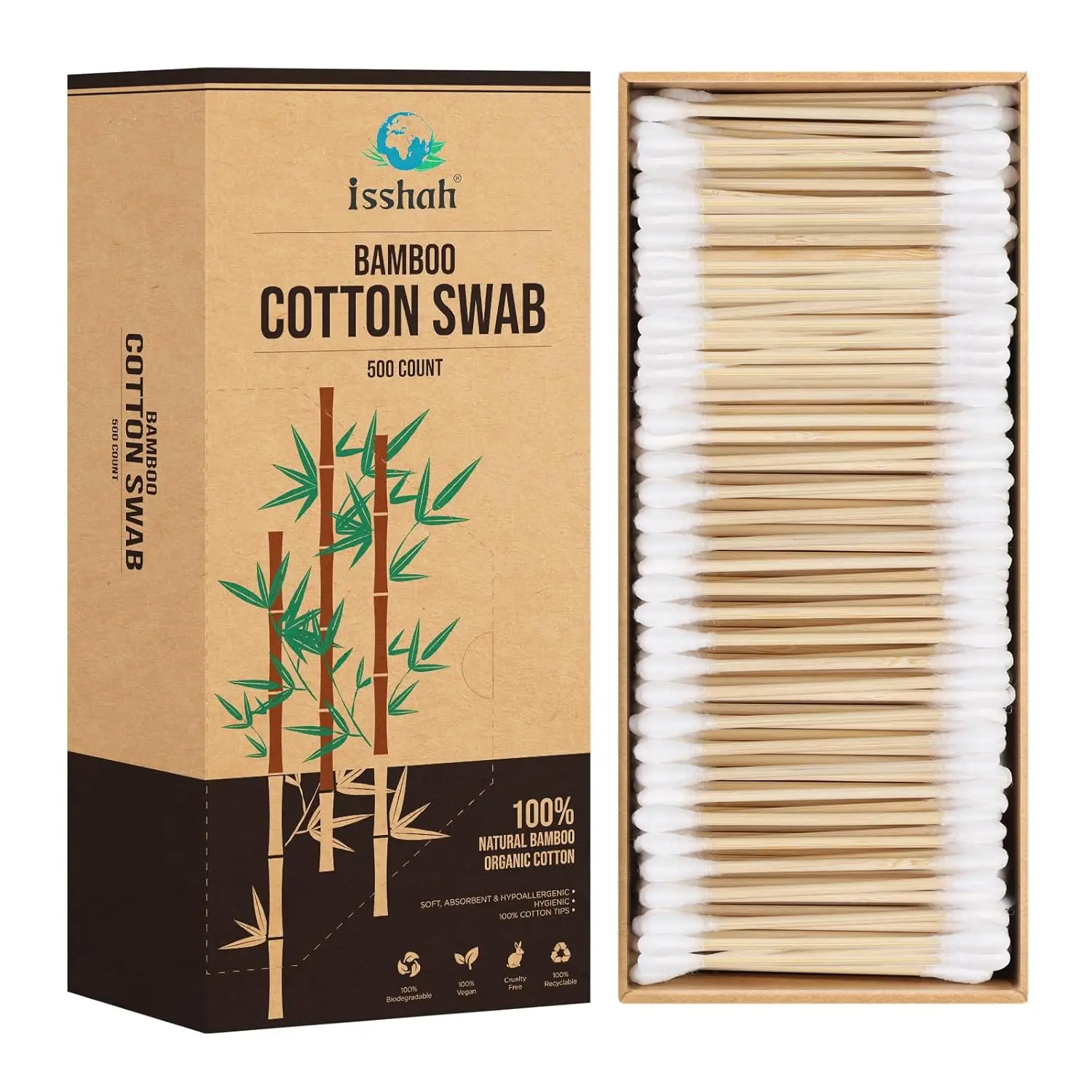 

Cotton Swabs - 500 Count - FSC Certified and PETA Approved, Eco Friendly Double Tips, Plastic Free Ear Sticks, All Natural 100%