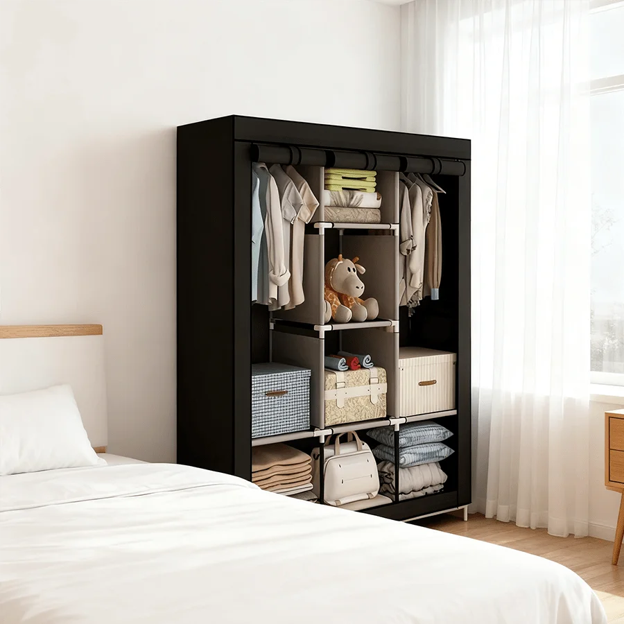 Portable Wardrobe Clothing Storage Cabinet with Non-Woven Fabric Cover Design, Dust-Proof Storage for Bedroom Wardrobe, Detachable and Assembleable Wardrobe, Living Room Wardrobe, Sturdy and Durable Wardrobe view 4