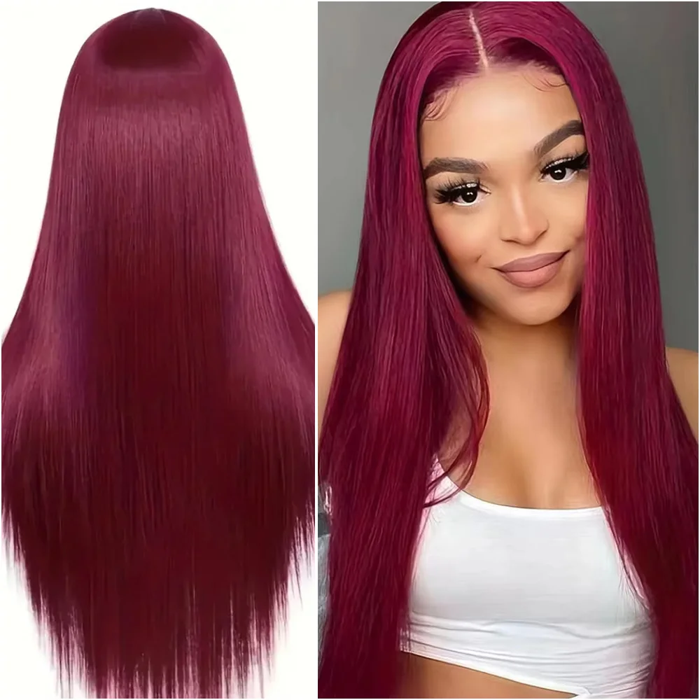

200% Density 99J Burgundy 13x6 HD Lace Frontal Human Hair Wigs Brazilian Colored 40 Inch Straight Red Lace Front Wig Pre Plucked
