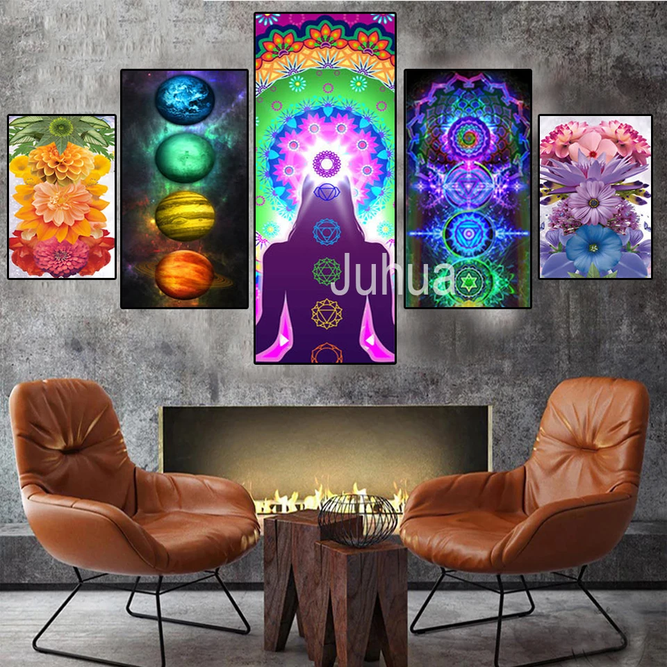 5 Piece Diamond Painting Bohemian Seven Chakras Multicolor Planet Butterfly Flower 5D Full Diamond Art Picture Home Decoration