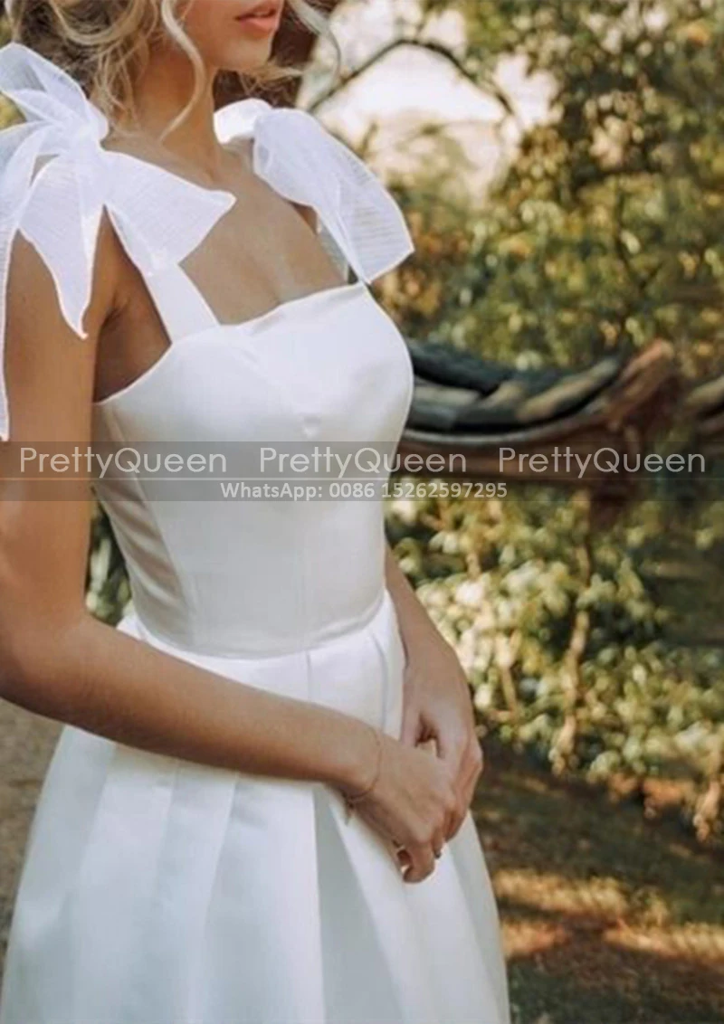 A Line Short Wedding Dress Bows Spaghetti Straps Tea Length Square Neck White Satin Bo Ho Beach Dresses Bridal Party