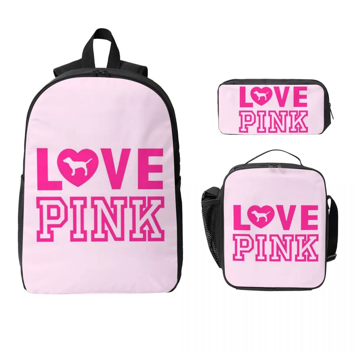 

Love Pink Backpack Student Boys Girls BookBag School Bag Laptop Shoulder Bags 3ps Insulated Lunch Bag Pencil Case