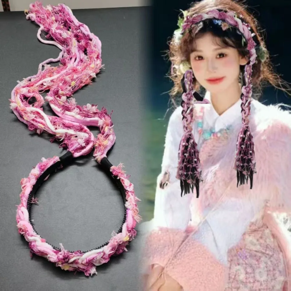 

Boho Style Chinese Tibetan Hairband Colorful Ribbon Long Tassel Ethnic Hair Hoop Candy Colored 55CM