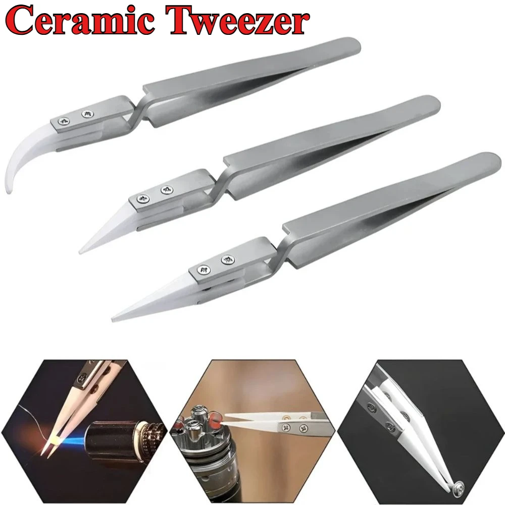 5/3/1pcs Ceramic Tweezer for Solder Stainless Steel Anti-Static Reverse Acid Resistant Electron Precision Chuck Ceramic Tweezers