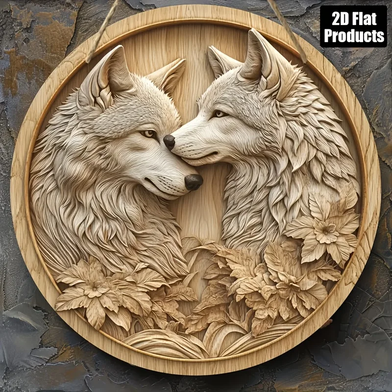 2D Flat - 2D FLAT Pendants, DROPS Finials Suitable All Four Seasons, 2D Flat, Round Wooden Decorative Sign, Wolf Theme, Suitable