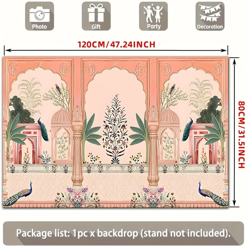 Ornate Mughal Floral Peacock Backdrop Photo Booth Background for Wedding Party Event Decor Blush Pink Gold Palace Curtain view 3