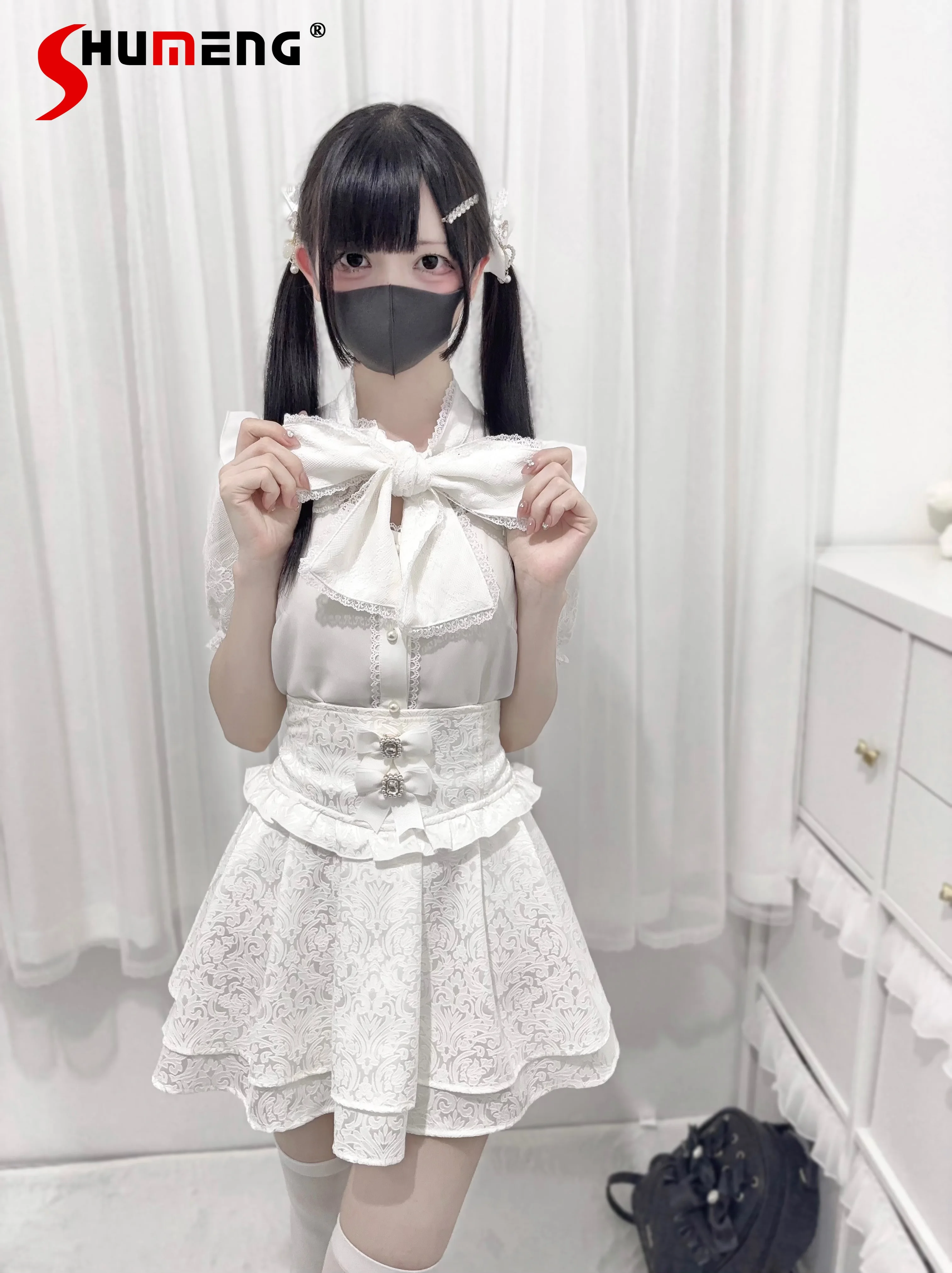 Japanese Style Mine Mass-Produced Lace-up Big Bow Hollow Lace Stitching Short Sleeve Single-Breasted Lolita Shirt Top for Women