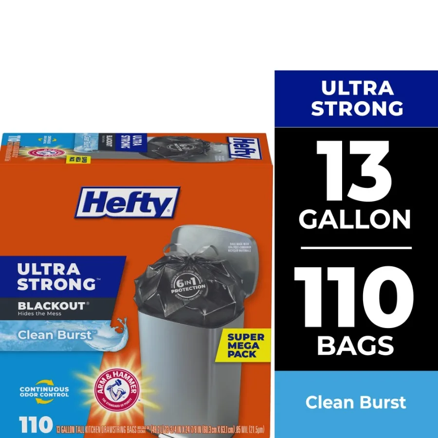 

Ultra Strong 13 Gallon Tall Kitchen Trash Bags with Blackout Design and Clean Burst Scent Perfect for Heavy-Duty Waste Manageme