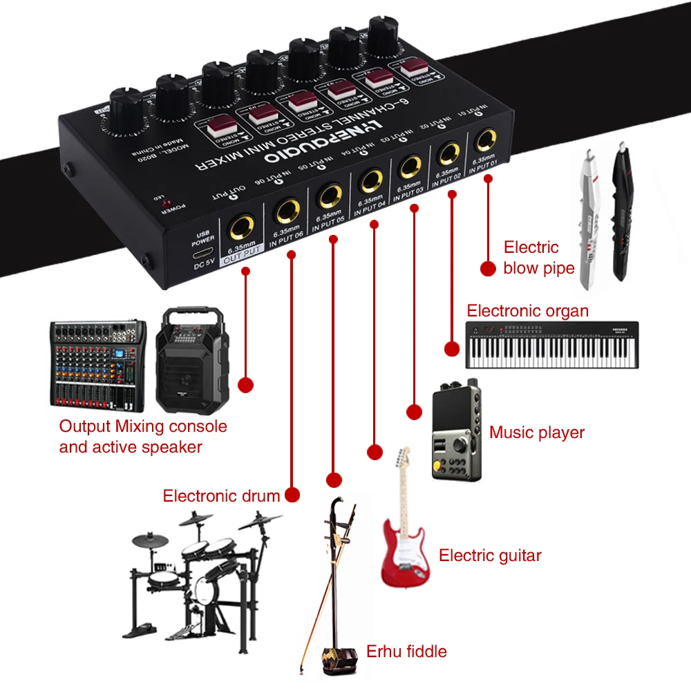 6-kanaals stereo audiomixer, haarbuis elektronische piano-instrument mengen, prestatiemixer voor buiteninstrumenten