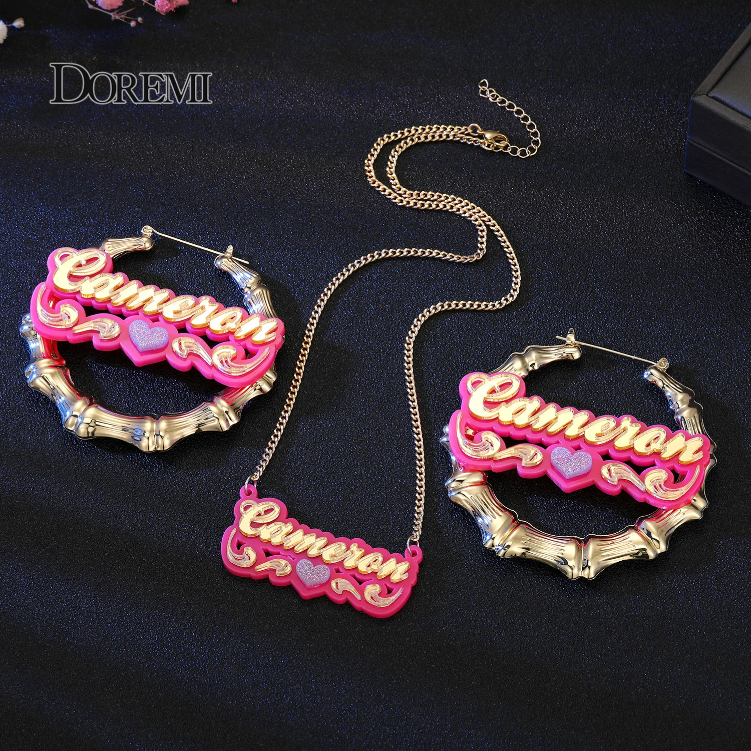 DOREMI ONE Set Customized Words Name Stainless Bamboo Hoop Earrings Acrylic Necklace Jewelry Set Personalized Letters With Heart