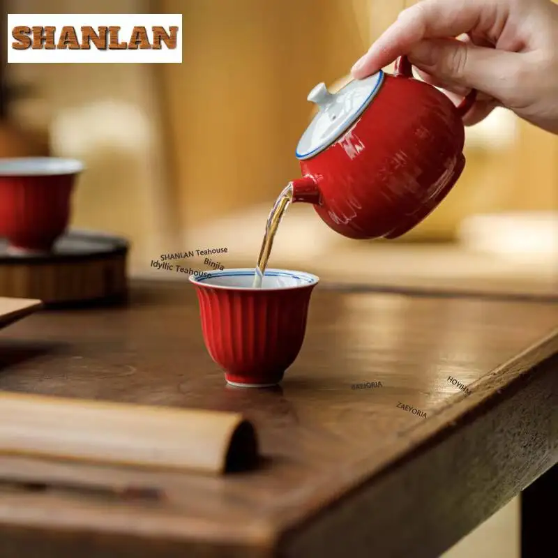 Red Glaze Double Line Ribbed Tea Set Complete Set Zen Gaiwan Tea Ceremony Set Household Teapot And Tea Cup Set Drinkware Craft