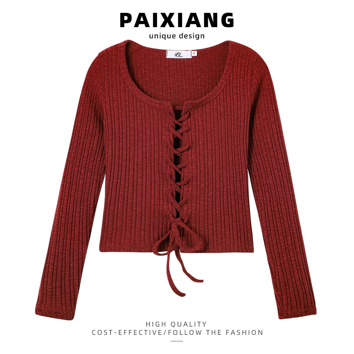 

PAIXIANG Wine Red Knot ort Knitted Sweater Women's Slim Fit Winter New Sle Pure Color round Ne Button up Long Sve Top