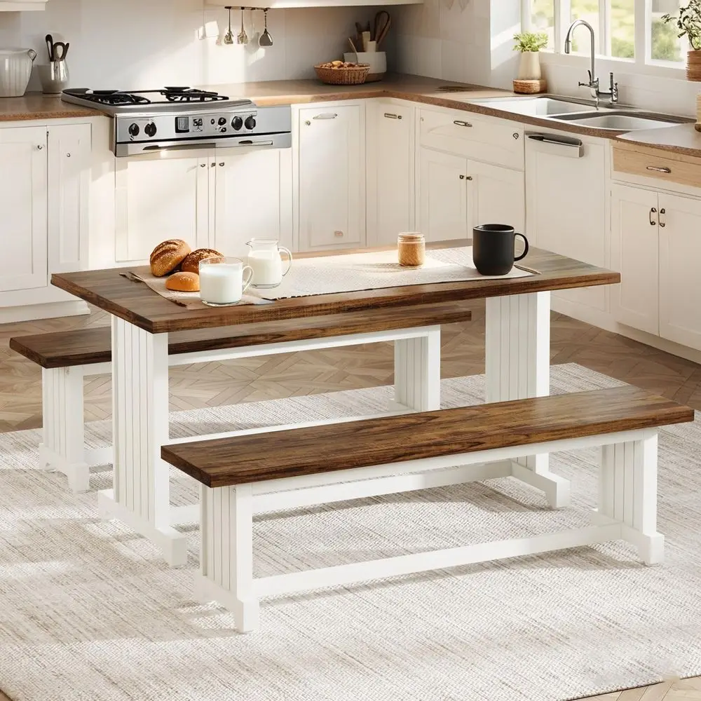47Inch Small Dining Table Set for 2, 3Piece Kitchen Table with 2 Benches, Farmhouse Wood Dinner Furniture for Narrow Space, Apa