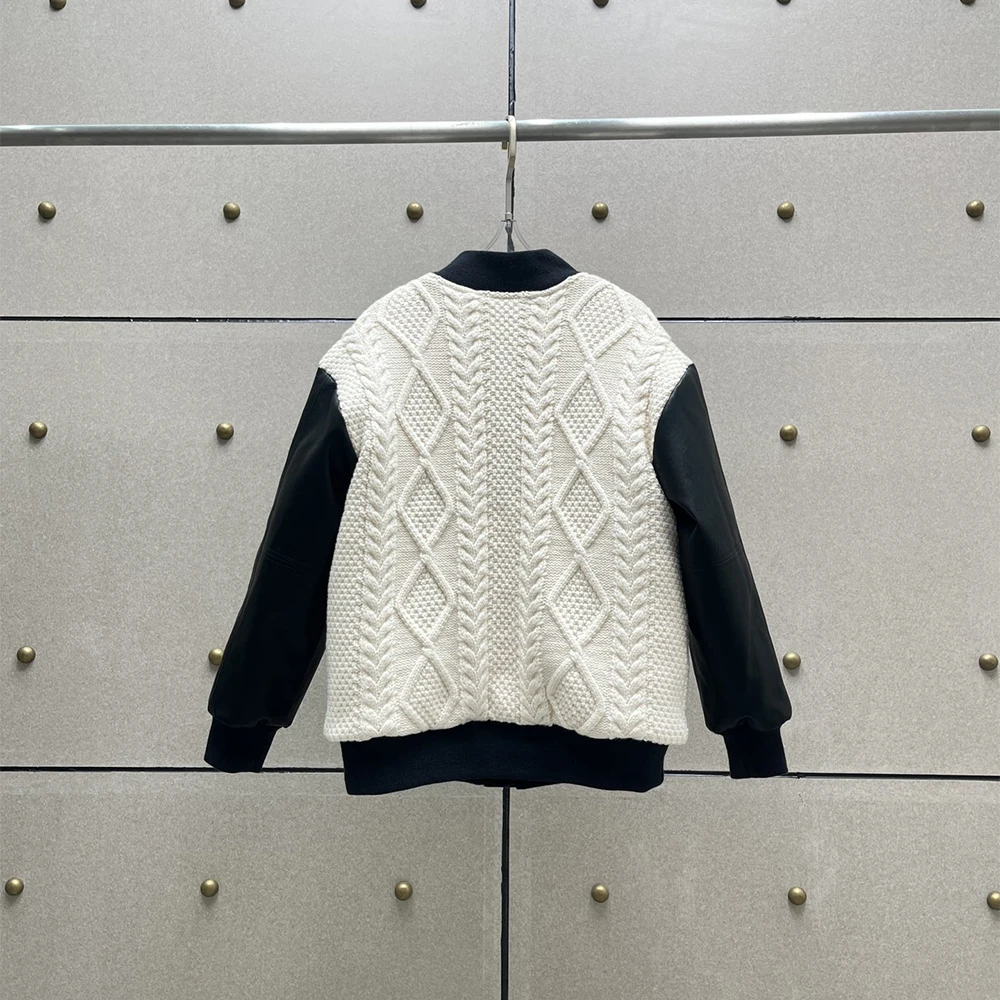Women's Y2K Wool Blend down Jacket Leather Patchwork Knitted Duck down Filled Thickened Warm Winter Outerwear 2025 New