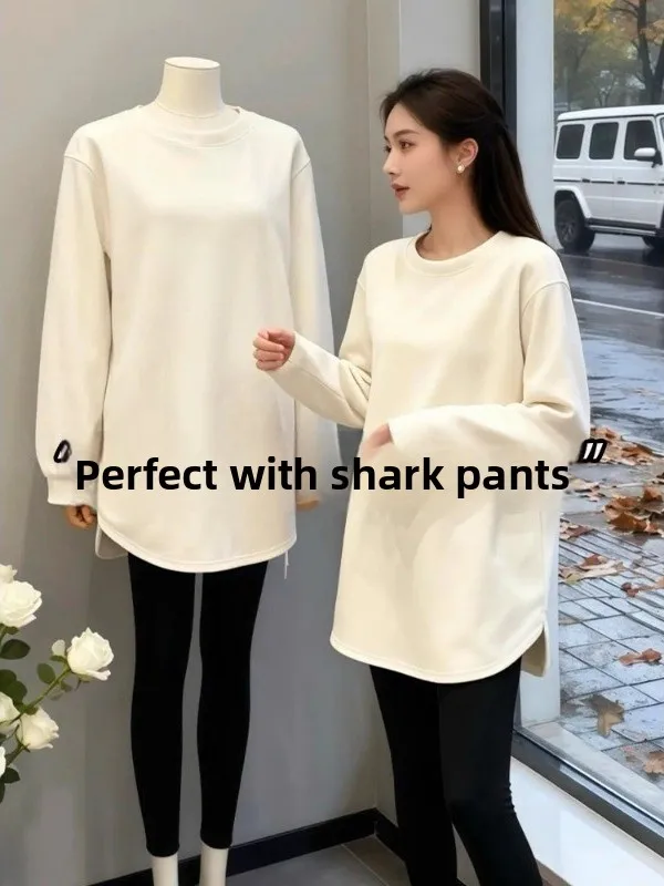 Women's Fleece Lined Mid-Length Long Sleeve T-Shirt White Base Layer Shirt Autumn Winter Inner Wear Shark Pants Top Korean Style