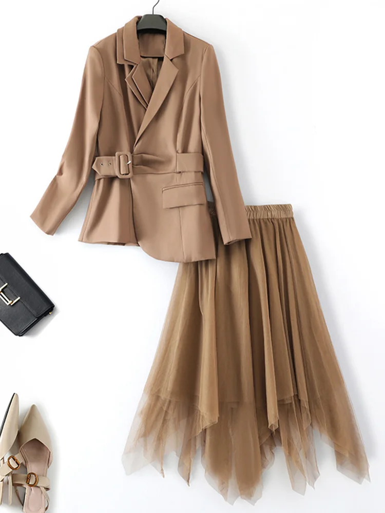 ZJYT Business Office Blazer Suits Mesh Skirt 2 Piece Dress Sets Women Outfit Elegant Spring Autumn Conjuntos De Falda Vestidos