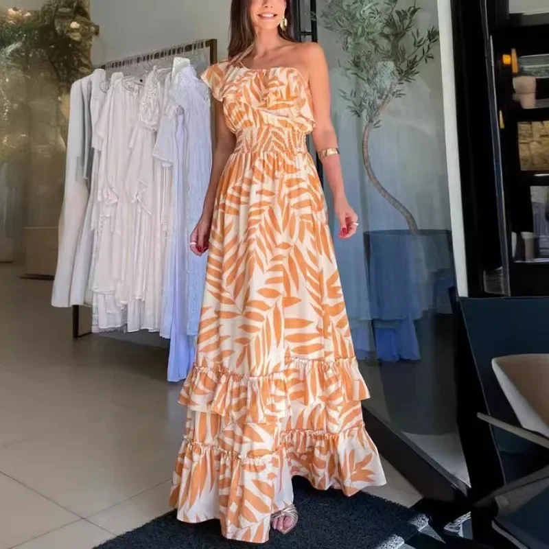 2023 여름 보헤미안 드레스 여성 캐주얼 비치 스타일 오프숄더 드레스 반팔 슬래시 넥 플로럴 보호 롱 드레스