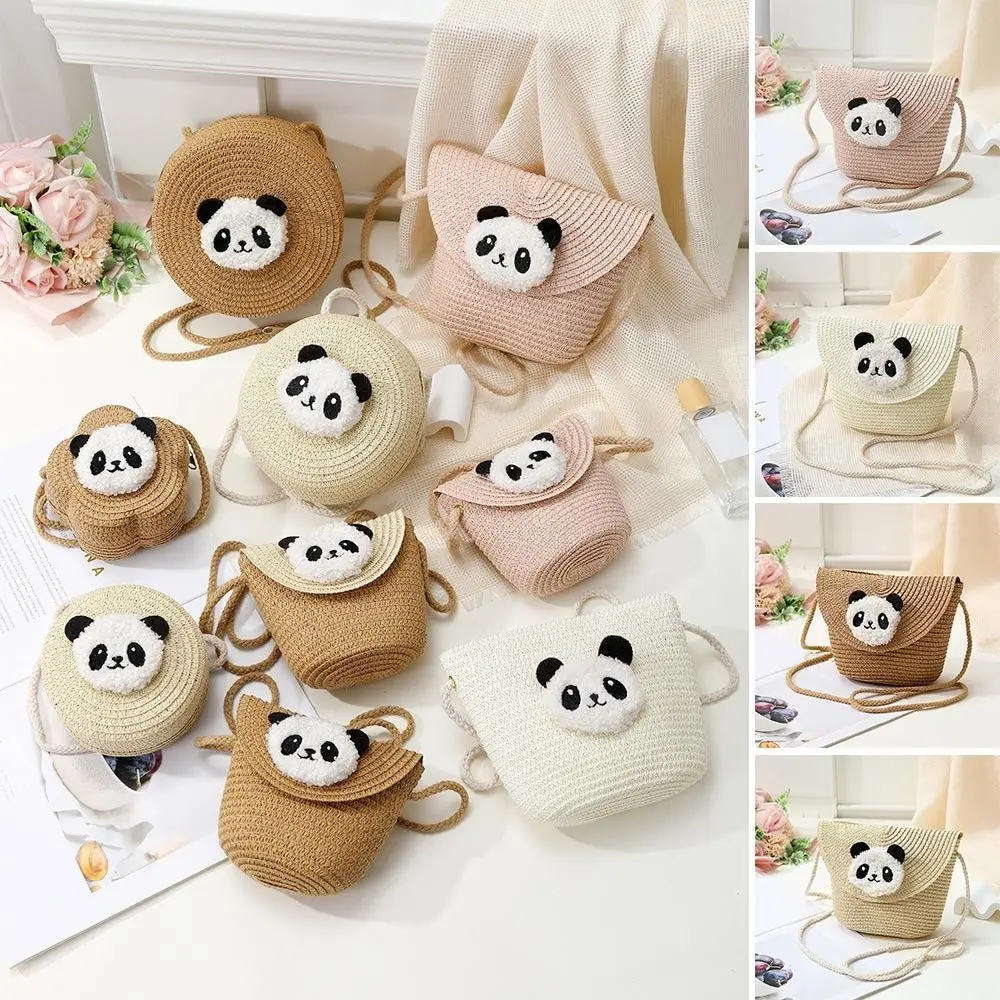 Summer Straw Children Crossbody Bag Handmade Small Shoulder Bag Travel Panda Coin Purse Beach