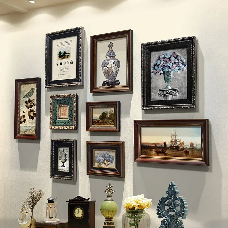 9 Pcs-set Wall-mounted Photo Frame Mural Vintage Wood Picture Frames Figure Portrait Framed Art Living Room Decoration Ornaments