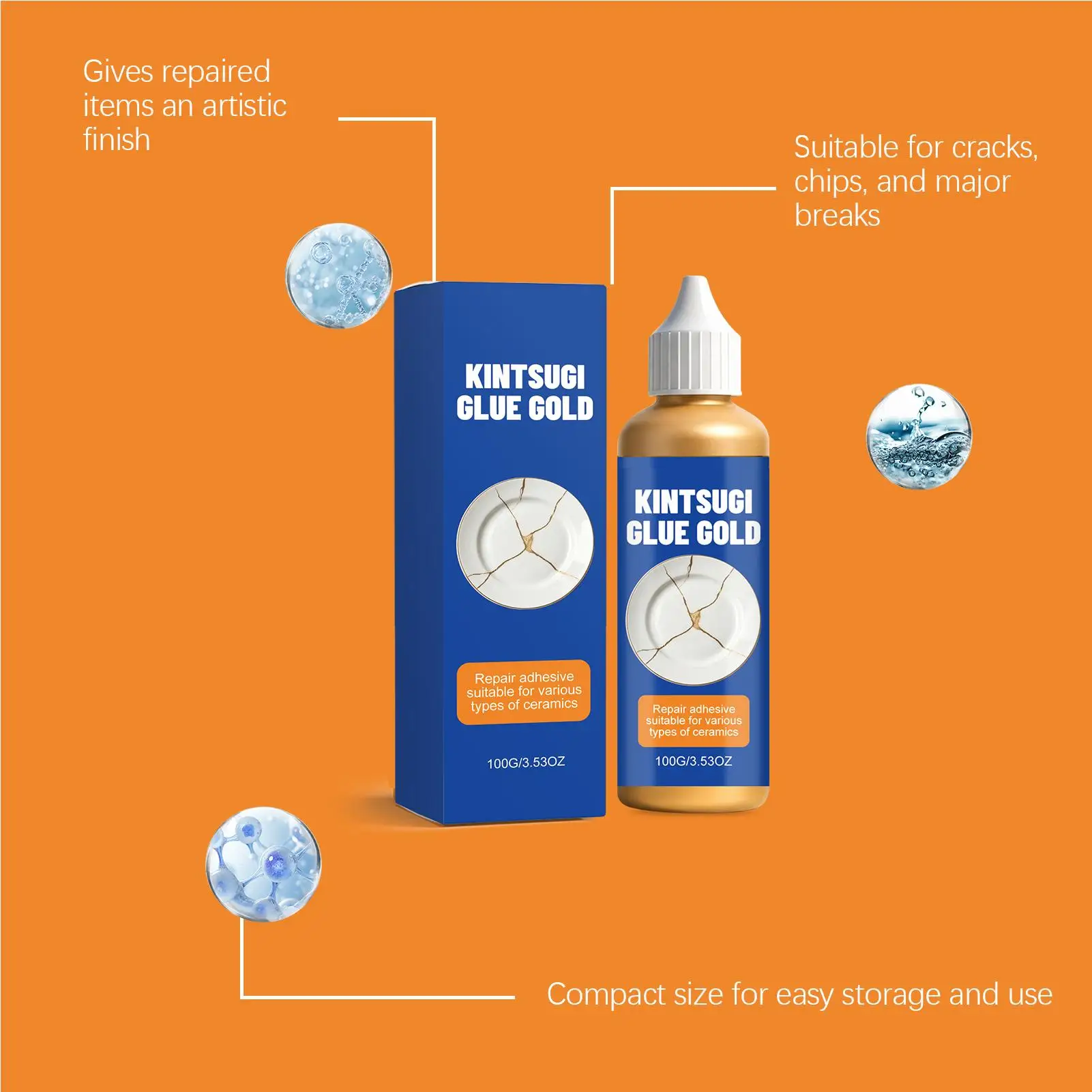 Ceramic Repair Kit, Waterproof Heat Resistant Food Safe Gold Adhesive for Broken Pottery Art Craft Bathtub Sculpture Restoration
