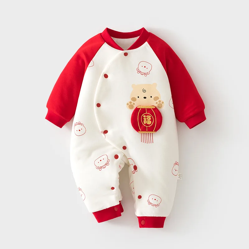 Baby Jumpsuit 120G Cotton Padded Quilted Go out in Autumn and Winter Romper Bright Red Thickened Cotton Romper New Year Greeting