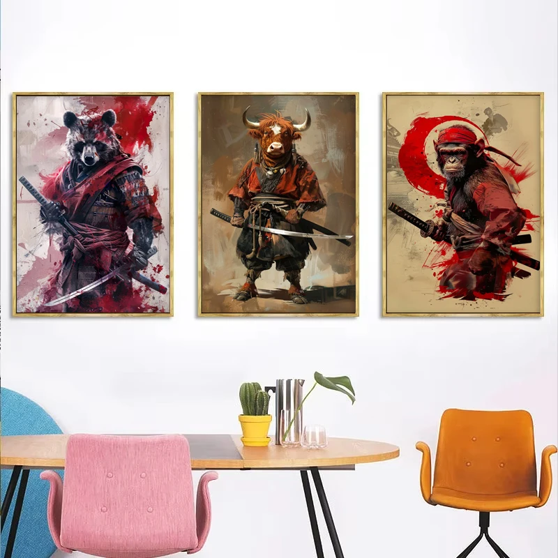 1pc frameless Ninja Animal Wall Art Tiger,Cat,Chicken,Cow,Lion,Raccoon,Vintage Movie Poster Canvas Painting,Home Living Room Bed