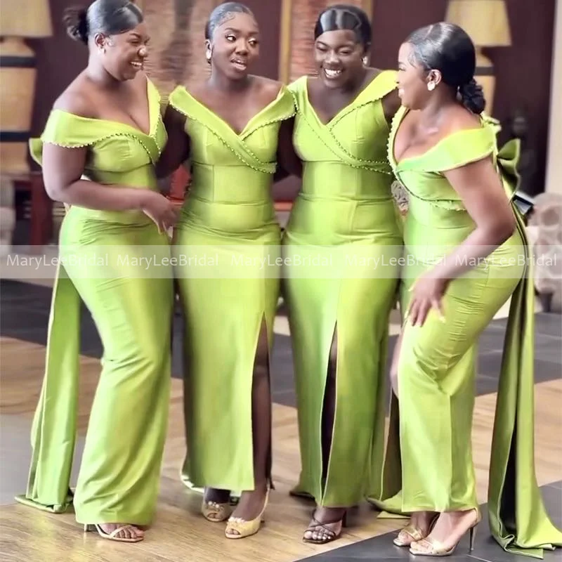 

Plus Size Green Yellow Bridesmaid Dresses with Bow Ribbon Back Off the Shoulder Side Slit Long Maid Of Honor Wedding Party Gowns