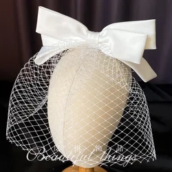 Fascinators Hat For Women White Bow Bride Birdcage Veil Headdress Bridal Face Cover Hair Clip Headwear Wedding Hair Accessories