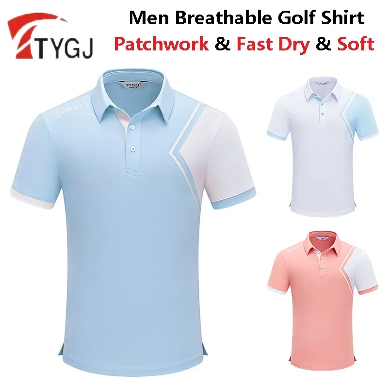 TTYGJ Men Short Sleeve Golf T-shirt Male Breathable Fast Dry Shirt Summer Men Turn Down Collar Tops Elastic Sport Golf Apparel