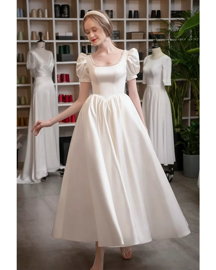 Satin Ankle Length A-line Puff Short Sleeves Wedding Dresses For Women Pearls Scoop Neck Modern Vestido Open Back Bridal Gowns