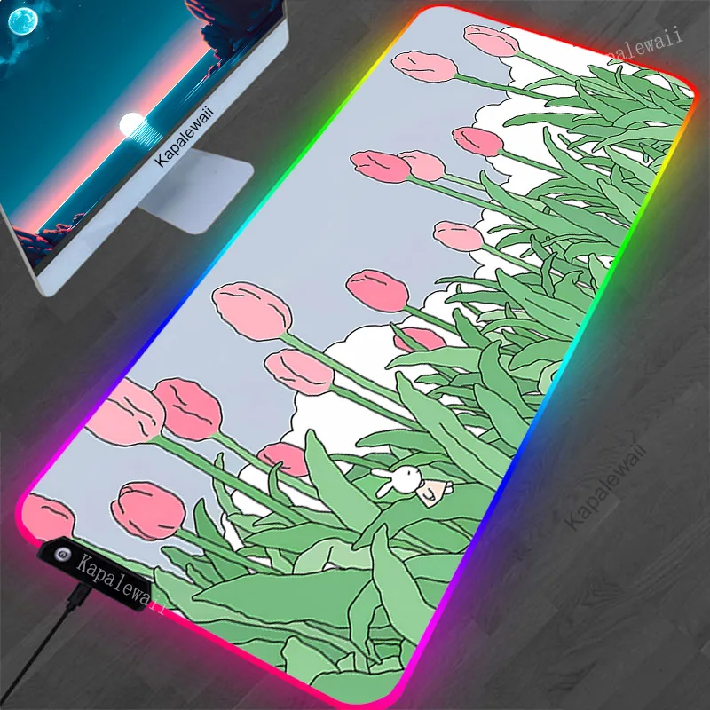 Grand tapis de souris RGB à fleurs roses, LED, pour gamer, tapis de table, clavier, média, 90x40cm