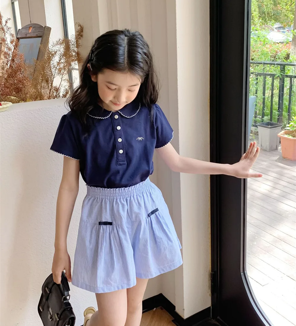 

kids clothes girls summer tops peter pan collar Student style girls' T-shirt Lace embroidery girls' short sleeved T-shirt