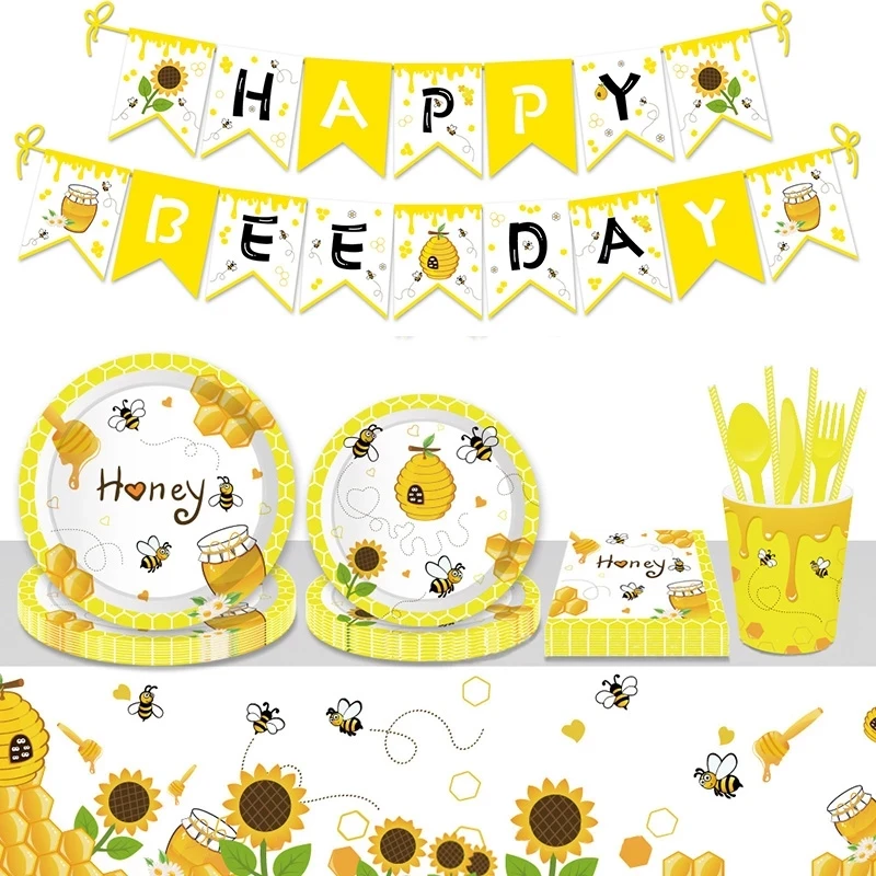 44pcs Bee Theme Party Supplies Kids Birthday Party Decorations Plates Cups Napkins Disposable Tableware Set Baby Shower Supplies