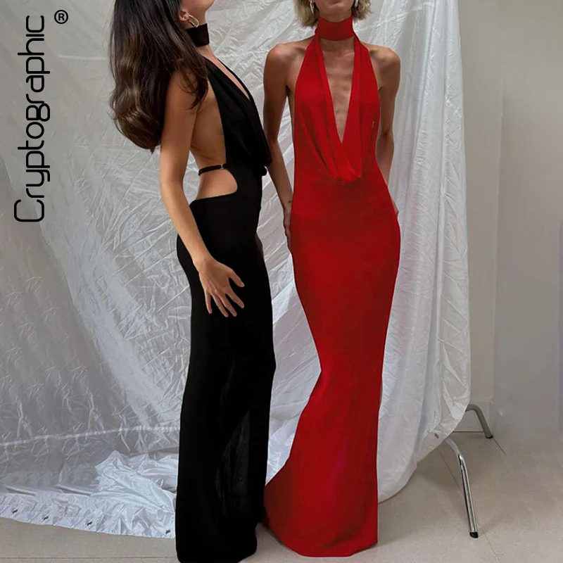 

Cryptographic Halter Sexy Backless Split Maxi Dress Party Club Fashion Outfits Deep V Neck Long Dresses Gown Vestido Solid