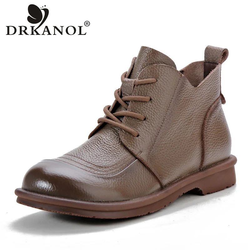 DRKANOL Women Flats Heel Ankle Boots Handmade Retro Autumn Winter Round Toe Genuine Cow Leather Plush Warm Casual Short Boots