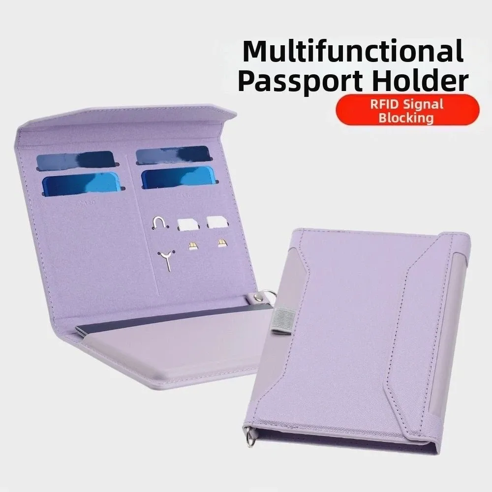 Portable Foldable Passport Wallet PU Leather Large Capacity RFID Blocking Wallet Lightweight Hanging Rope Folding Travel Pouch