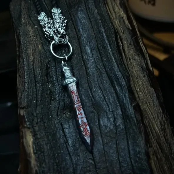 Ethnic Style Taoism Retro Silver Color Red Drip Glue Rune Sword Keychain pendant Necklace Men's Daily Domineering Accessories