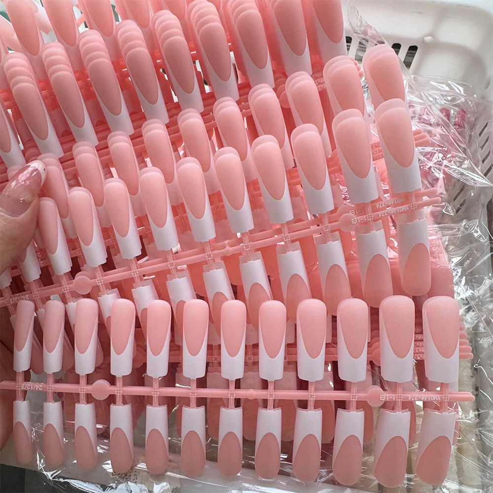 

120Pcs Pink White French Long Coffin False Nails Patch Pre-Shaped Acrylic Fake Nails Tips Full Cover Long Square Press-On-nails&